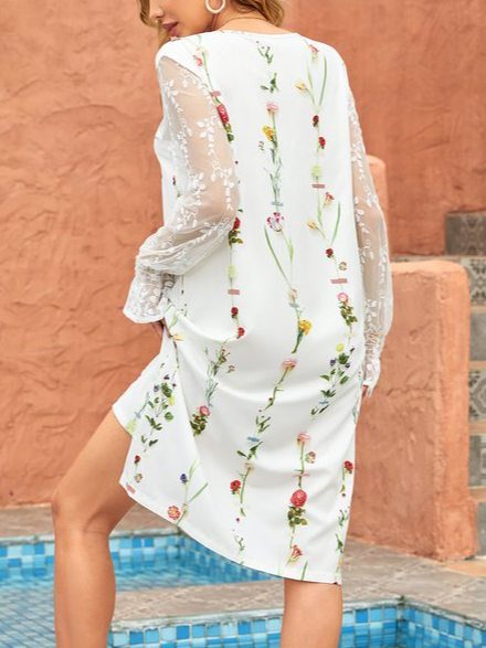 V Neck Floral Cotton Blends Long sleeve Vacation Dress