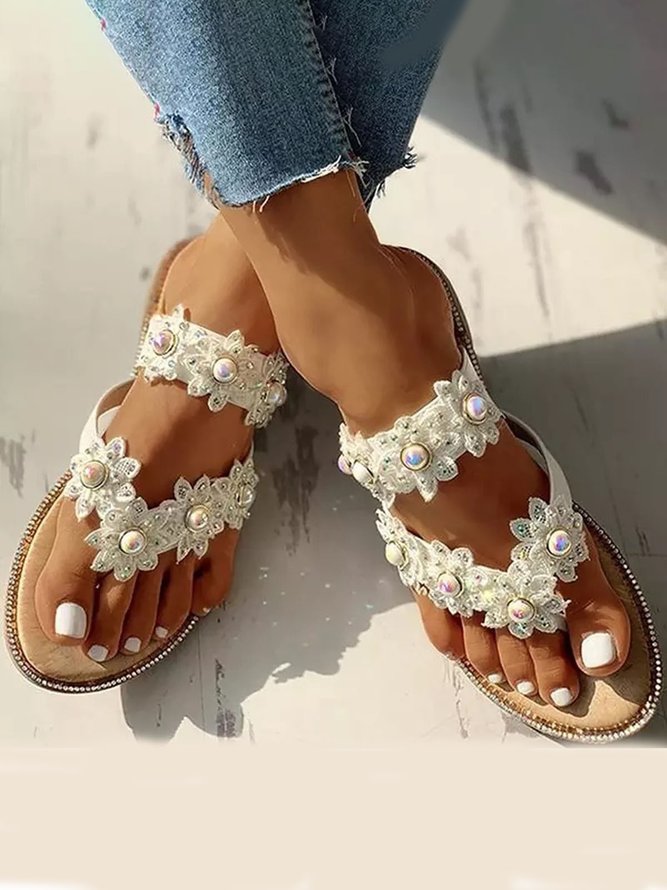 Women's Bohemian Pearl Floral Slipper Sandals