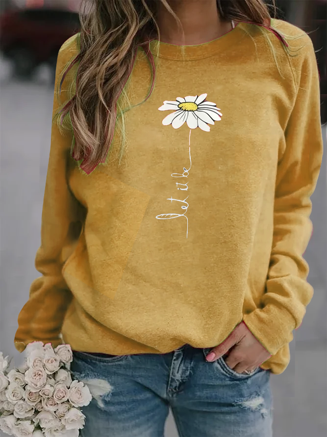 Women Solid Basic Daisy Floral Printed Casual Hoodie