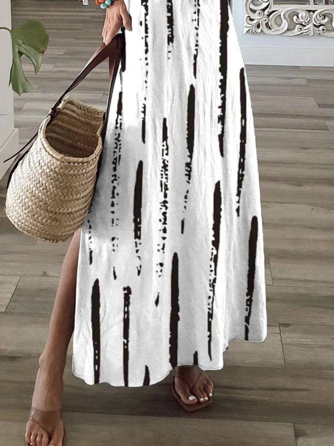 Women Split Hem Striped Short Sleeve V Neck Casual Maxi Dress