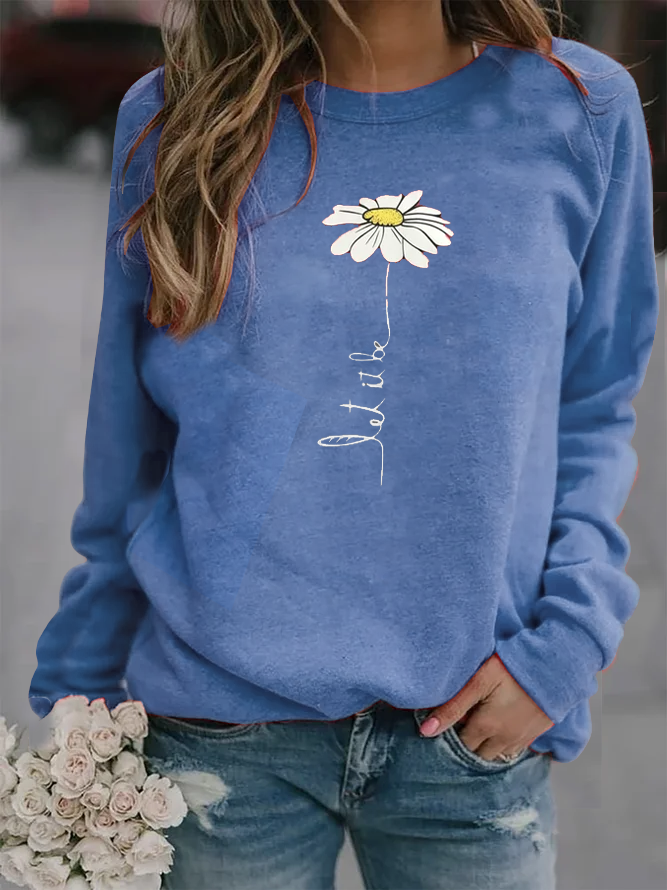Women Solid Basic Daisy Floral Printed Casual Hoodie
