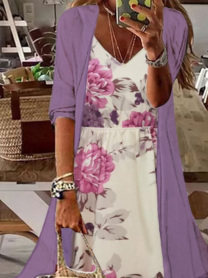 Two Piece Long Sleeve Casual V-neck Floral Printed Maxi Dress