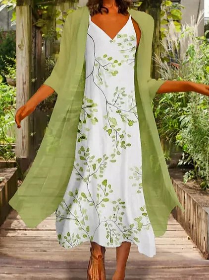 Two Piece Regular Fit Leaves Long Sleeve Women Dress