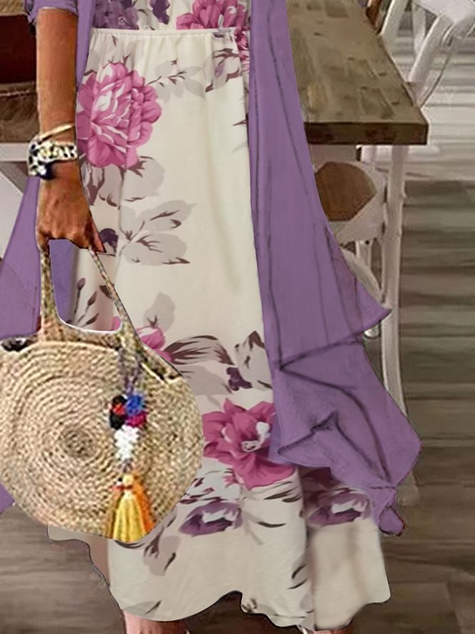 Two Piece Long Sleeve Casual V-neck Floral Printed Maxi Dress