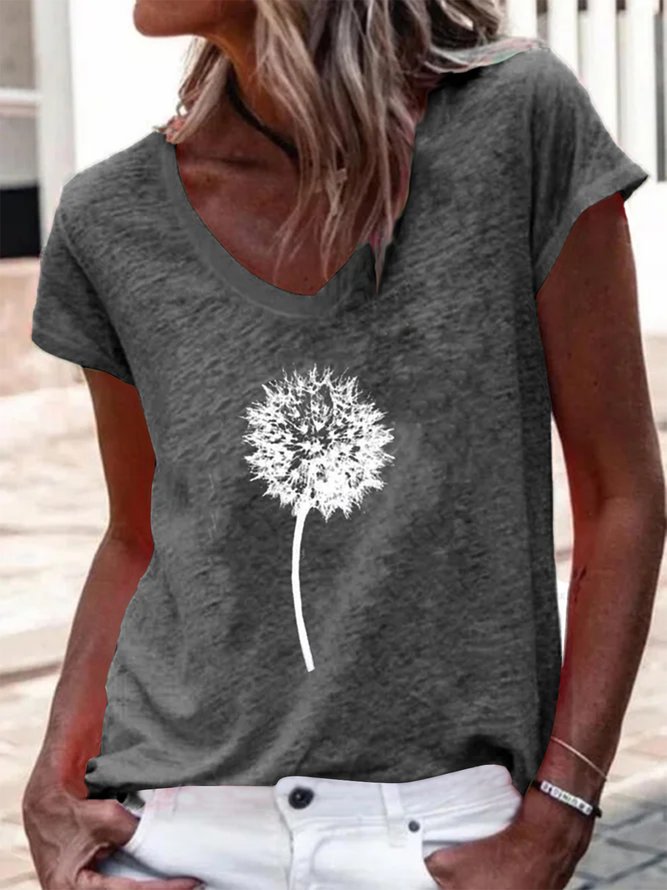 Short Sleeve Casual Dandelion Printed V Neck T-shirt