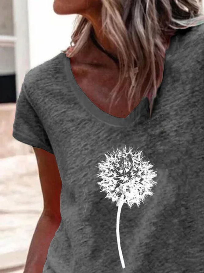 Short Sleeve Casual Dandelion Printed V Neck T-shirt