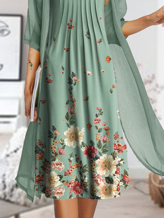 Half Sleeve Loose Floral Round Neck Two Piece Dress