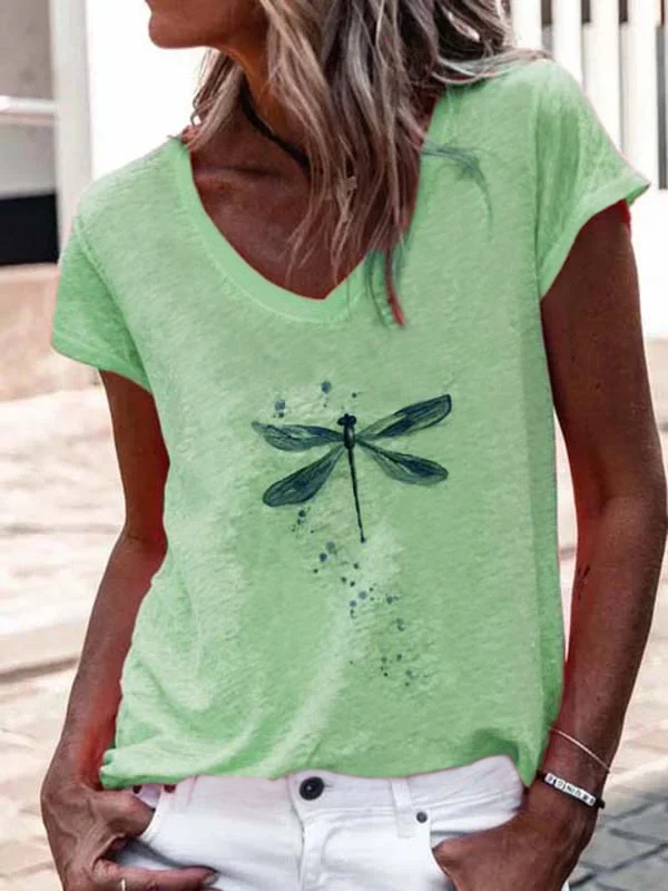 Printed Casual Short Sleeve Cotton-Blend Tops