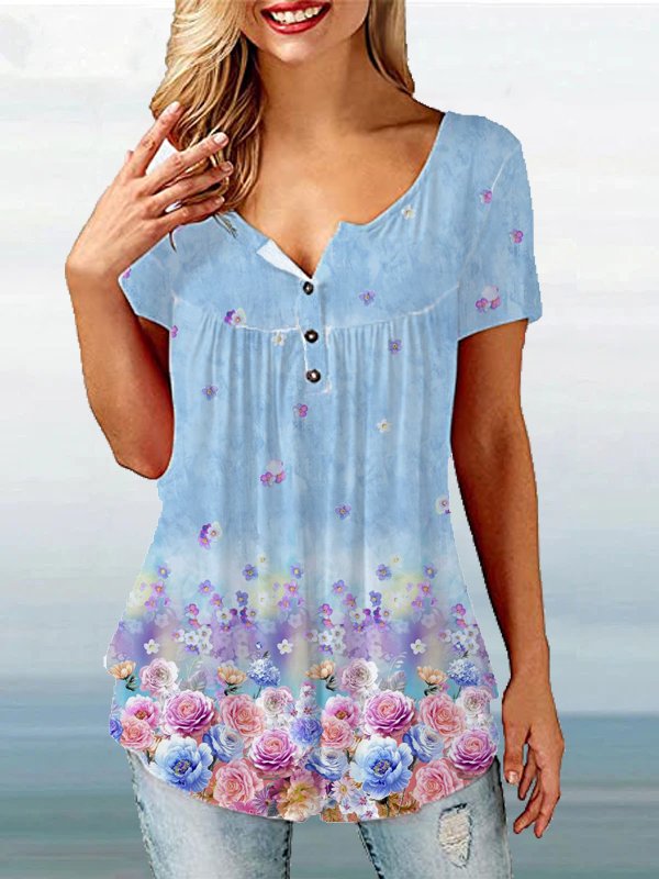 Casual Floral Crew Neck Short Sleeve Tops