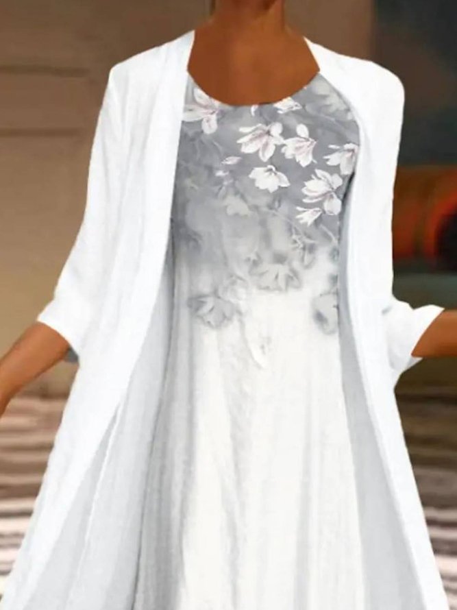 Women Elegant Vacation Dress Floral Print Sleeveless Tank Maxi Dress with Long 3/4 Sleeve Jacket Two Piece Dress