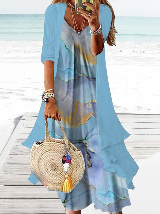 Rainbow gradient marble loose resort beach Chiffon two-piece dress set long