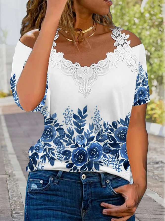 Holiday ink painting gradient flower lace wide truffle shoulder top T-shirt Plus Size