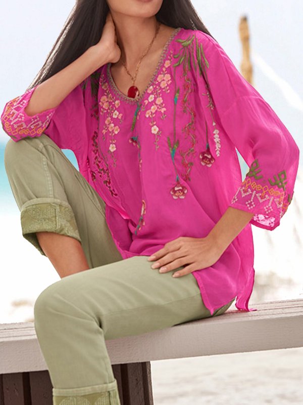 Women Summer Boho Floral Short Sleeve Casual Tribal Casual Mexican Blouse