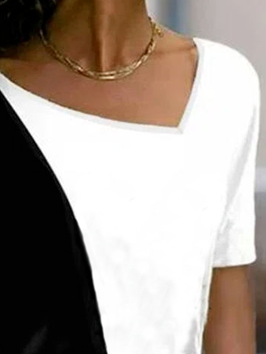 Women Asymmetrical Neck Color Block T Shirt Short Sleeve Top