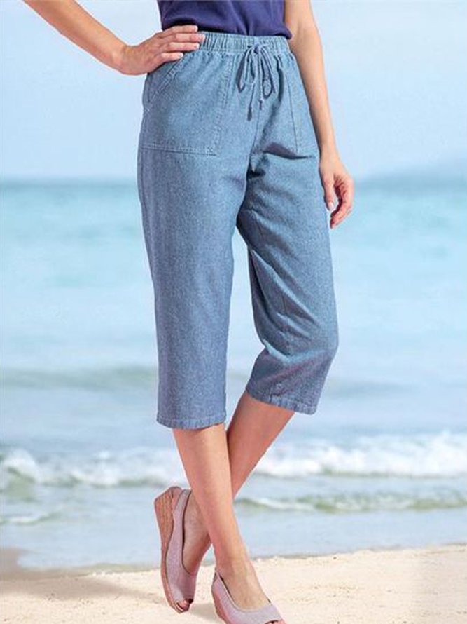 Wash denim plain elastic waist pocket loose pants Capri plus size