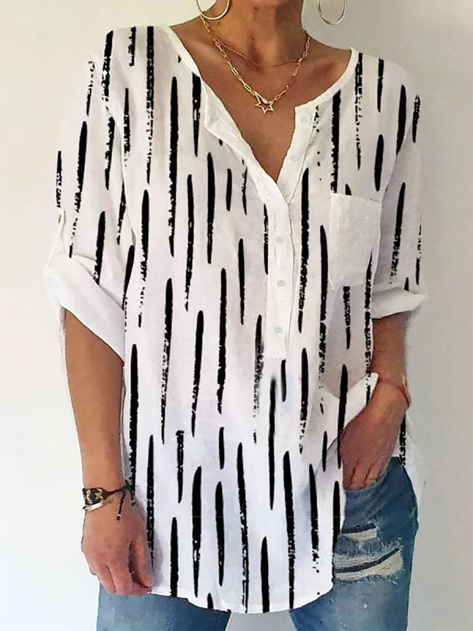 Casual Round Neck Loose Art Line Print Long Sleeve Blouse
