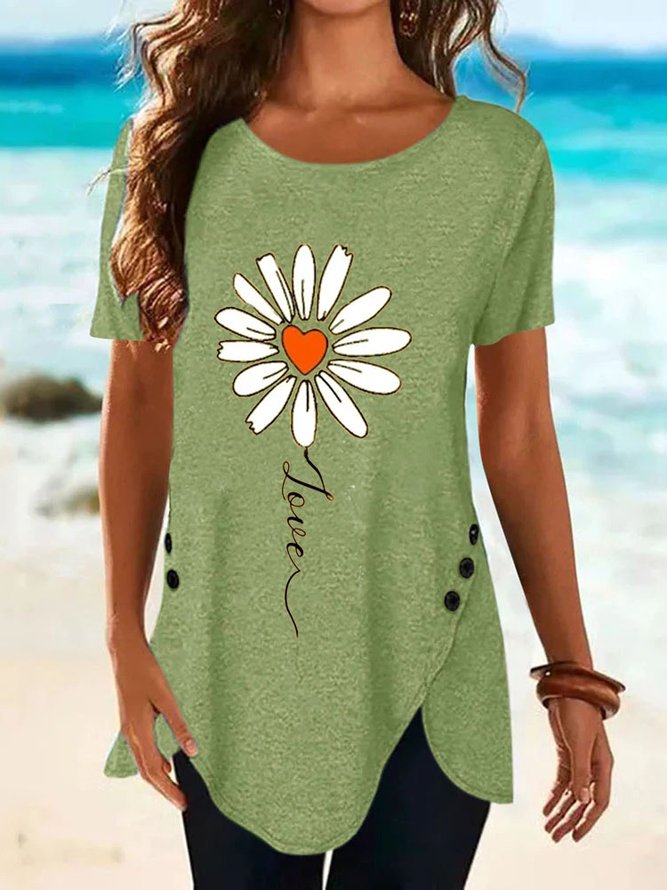 Women Casual Short Sleeve Floral Tulip Vacation Tunic Shirt Round Neck Asymmetrical Hem Button Side blouse Top