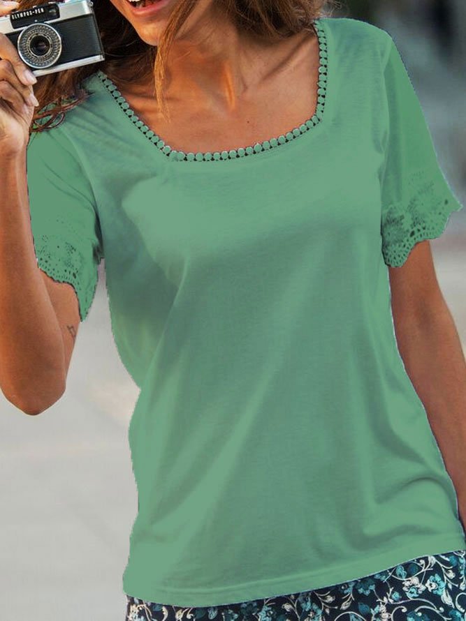 Lace Plain Casual Cotton Blends Short Sleeve T-Shirt