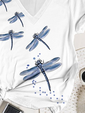 Women Dragonfly Printed Short Sleeve V-Neck T-Shirt