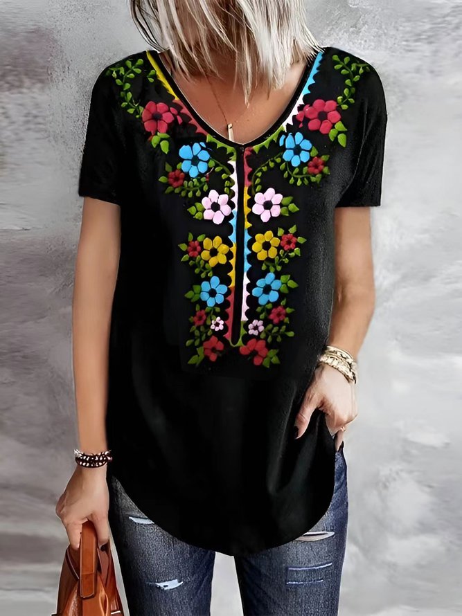 Mexico V Neck Floral Casual Short Sleeve T-Shirt