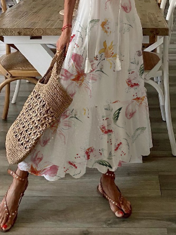 Women Casual Floral V Neck Short Sleeve Summer Vacation Dress
