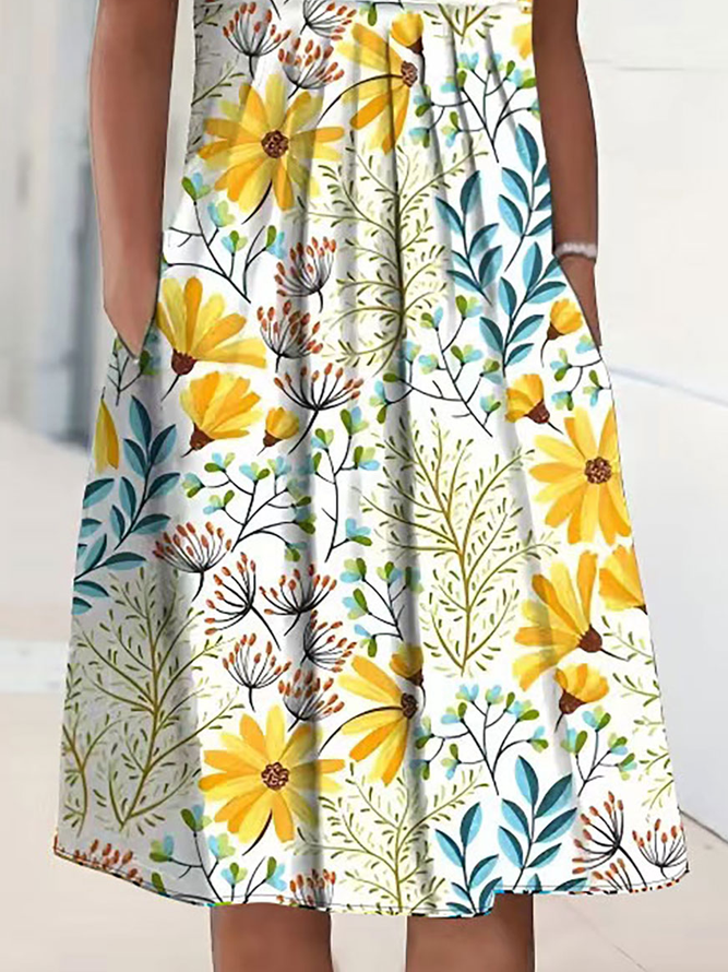 Vacation Floral Regular Fit Cotton Blends Short Sleeve Knit Dress