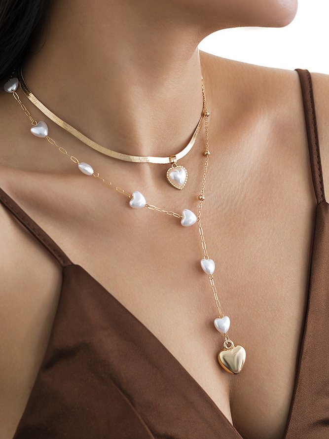 Resort Style Pearl Double Heart Long Necklace