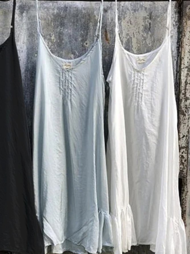 Summer Casual Solid Holiday Sleeveless Ruffle Hem Linen Tank Dress