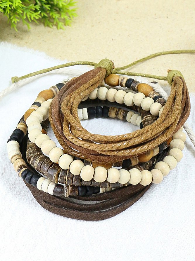 Vintage Ethnic Wooden Beaded Beaded Woven Multilayer Bracelet