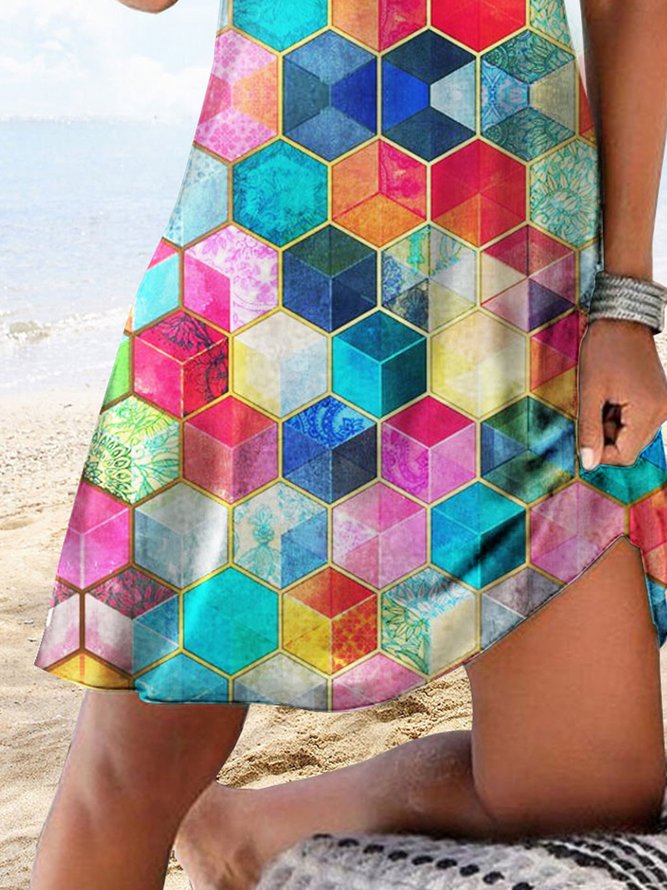 Geometric rainbow gradient retro pattern metal hollowed out dress short plus size