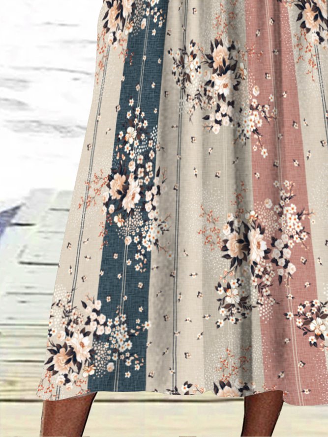Compound pattern flower half open button pocket loose Long Dress