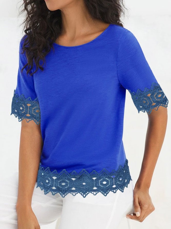 Women Solid Trim Lace Scalloped Hem Plain Casual Scoop Neckline Short Sleeve T-shirt Top