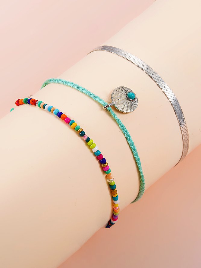 Bohemian Resort Style Beach Beaded Turquoise Layered Anklet Set
