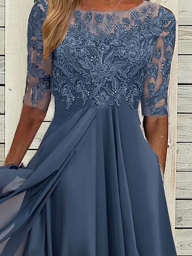 Women Plain Elegant Swing Lace Crew Neck Half Sleeve Holiday Vacation Dress