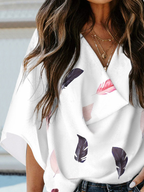 Feather Pattern Casual V Neck Tops