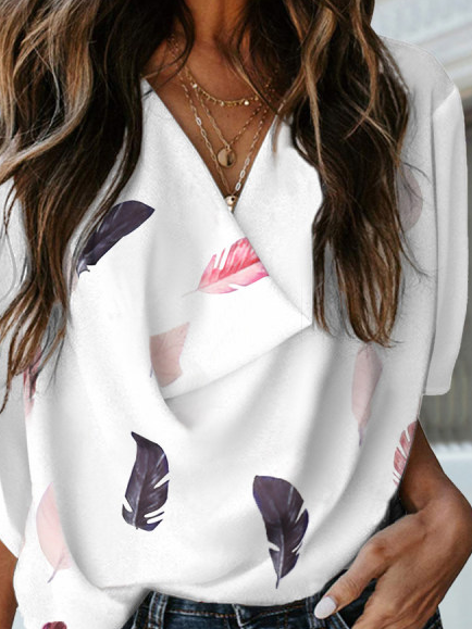 Feather Pattern Casual V Neck Tops