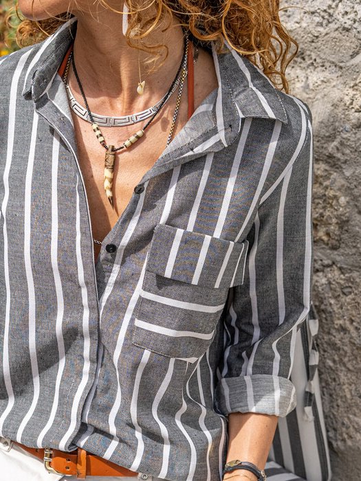 Striped Casual Shawl Collar Long sleeve Blouse