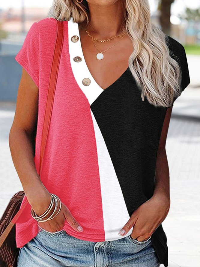 V neck Casual Loose Colorblock T-Shirt