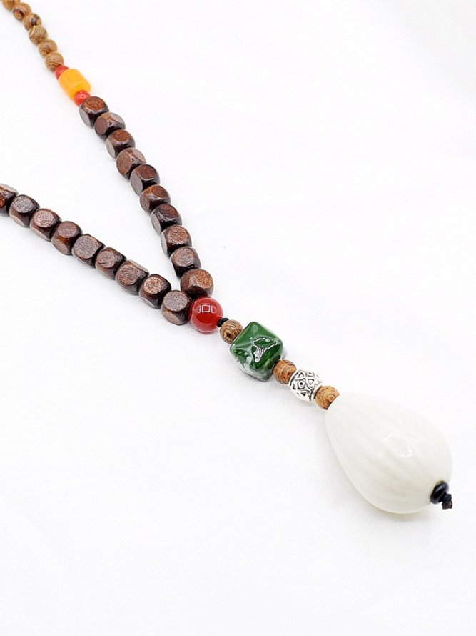 Vintage Casual Wooden Beaded Ceramic Pendant Necklace