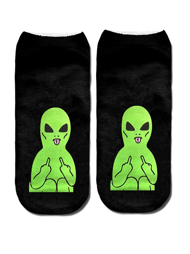 Cat/Alien Print Cotton Knit Socks Breathable/Sweat Absorbent