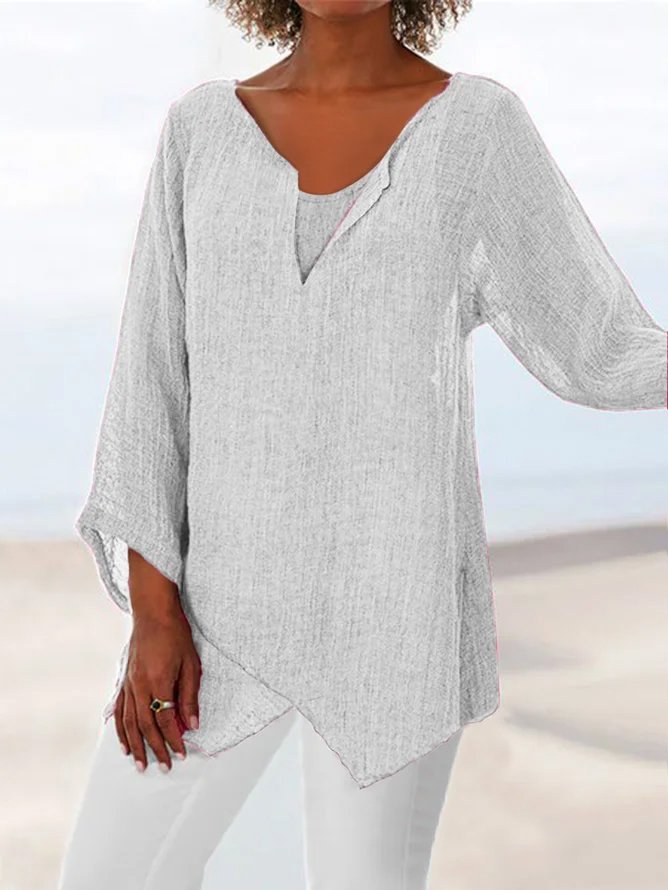 Women Plus Size Loose Linen V Neck Asymmetric Solid Summer Blouse Tunic Tops