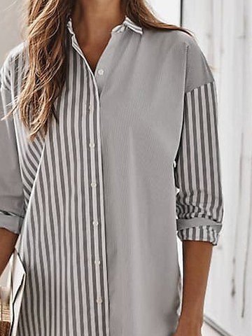 Shirt Collar Cotton-Blend Striped Blouse