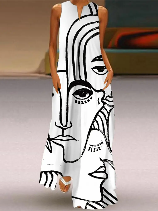 Women Casual Abstract Print Pockets V Neck Loose Sleeveless Tank Dress