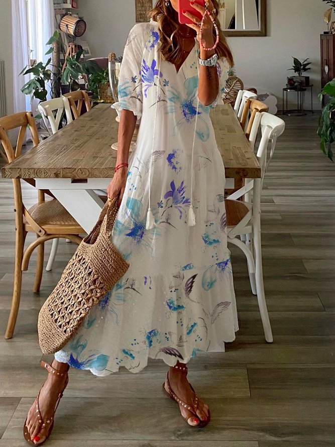 Women Casual Floral V Neck Short Sleeve Summer Vacation Dress