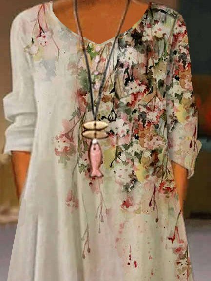 Casual Floral Autumn Natural Three Quarter Sleeve Dress