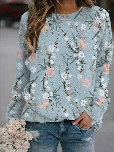 Floral Cotton Loose Raglan Sleeve Sweatshirt