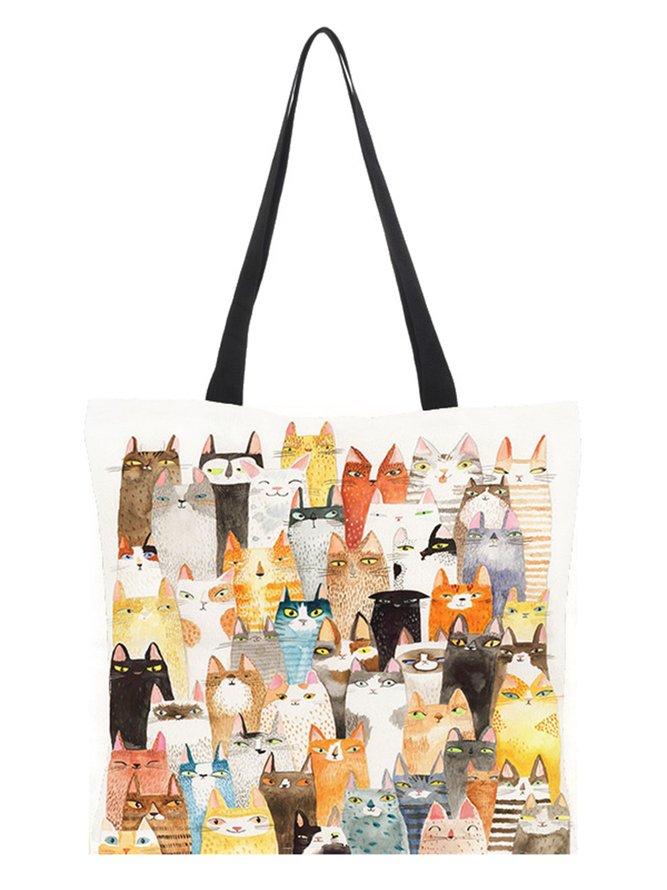 Casual All Season Cat Printing Canvas Daily Tote Canvas Regular Shoulder Bag for Women