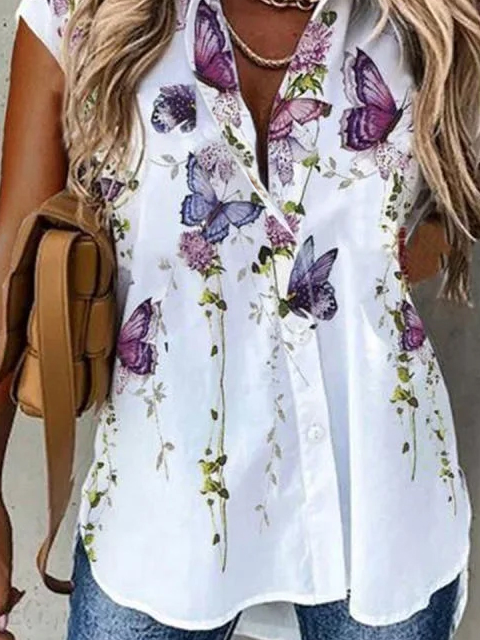 Loose Vacation Floral and Butterfly Spring Summer Short Sleeve Blouse