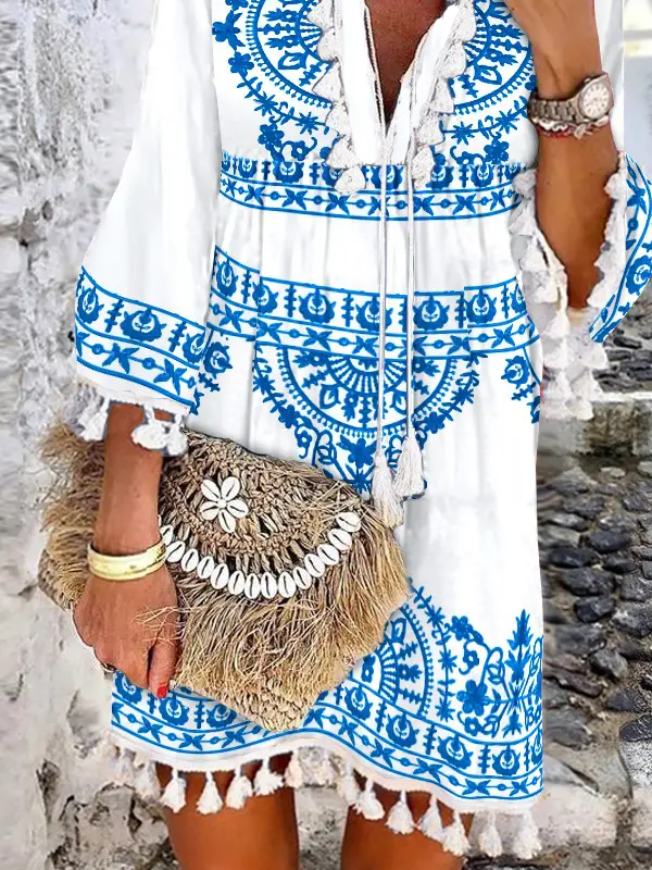 Cotton-Blend Boho V Neck Dress