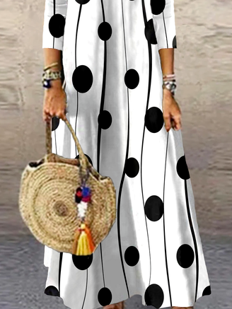 Women Geometric Polka Dots Square Neck Loose Vacation Three Quarter Sleeve Dress